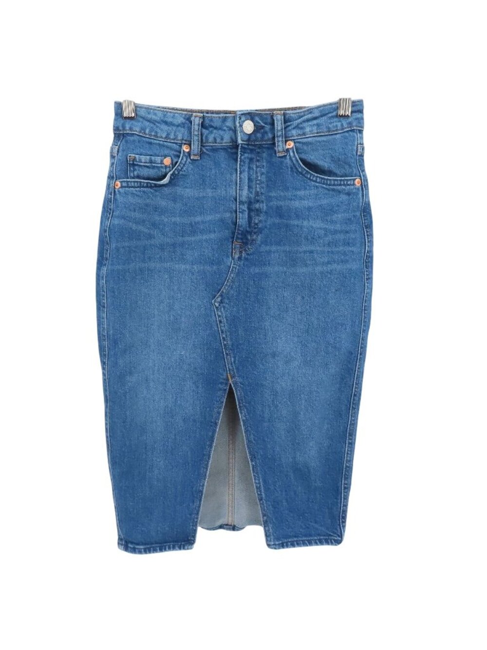 H&M Womens 4 US Blue Jean Denim Skirt Pencil Front Slit Pockets Cotton Blend